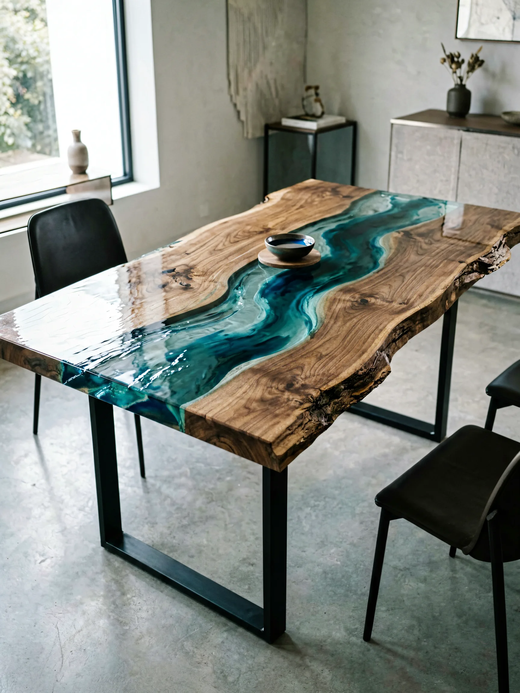 A live-edge walnut slab opened and filled with hand-cast resin